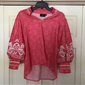 Pink Vaneza Cotton Satin Blouse with White Embroidery by Emily Lovelock